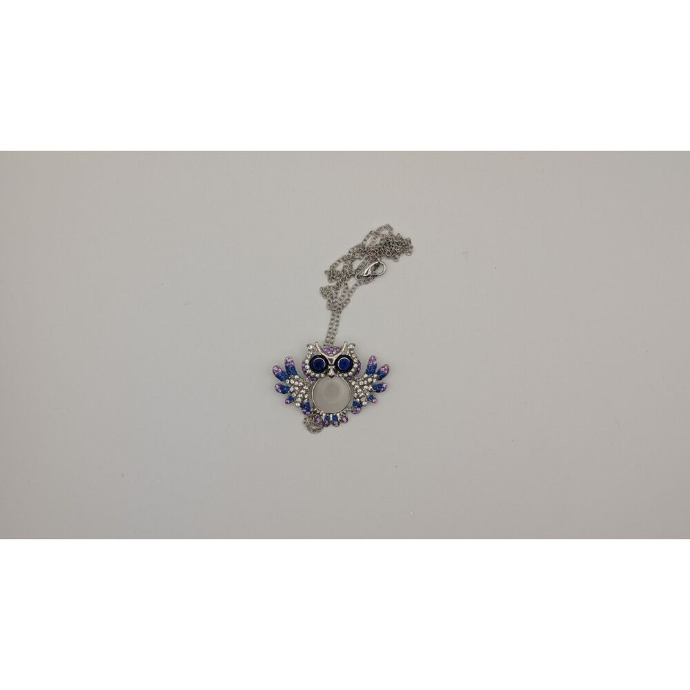 Owl Pendant Necklace – Silver Tone – Blue & Purple Rhinestones